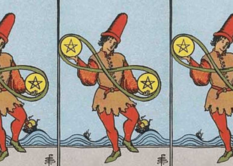 An image of a traditional tarot card two of pentacles showing the juggler juggling two large yellow coins