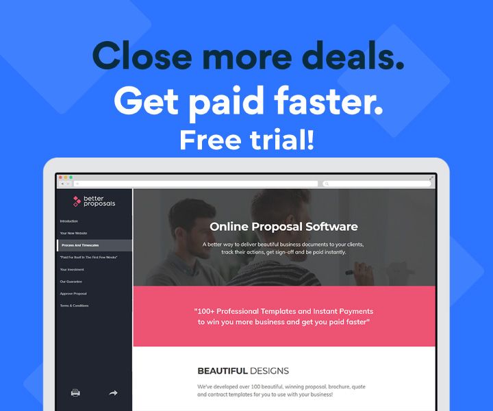 A banner promoting a free trial offer for Better Proposals that promises to help close more deals and get paid faster.